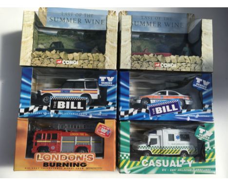 A collection of boxed Corgi TV related Diecast vehicles including Last of the summer wine, The Bill, London's burning and Cas