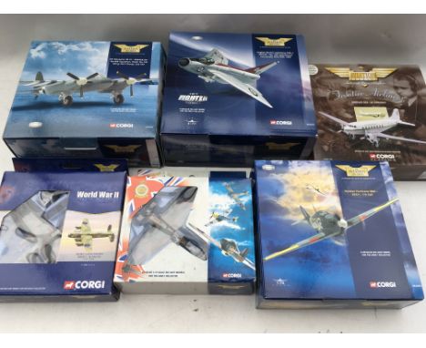 Corgi toys, Aviation Archive, boxed 1:72 scale includes DH Mosquito FB Vl , Lightning F. Mk 1, Hawker Hurricane MKll and a li