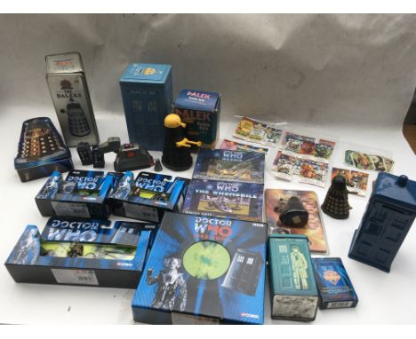 A collection of boxed Dr Who toys including Corgi BBC toys, trading cards, Tardis ceramic money box, vintage bubble bath etc