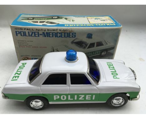 Taiyo toys, New Siren #C-704, Tin plate Polizei Mercedes Benz, non fall mystery bump and go, battery operated, flashing light