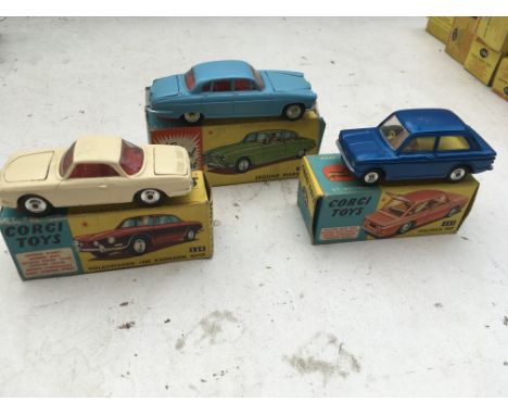 Corgi toys, Original boxed Diecast vehicles including #238 Jaguar MKX, #239 Volkswagen 1500 Karmann Ghia and #251 Hillman Imp