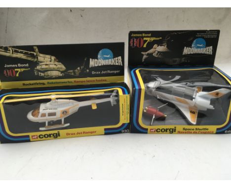 Corgi toys, #649 James Bond 007 Space shuttle , Moonraker #930 Drax jet ranger , Moonraker, all boxed , MIB