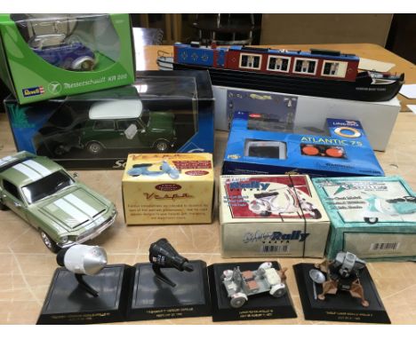 A collection of boxed and loose toys including Solido Mini Cooper, 1:18 scale, Revell Messerschmitt KR200, Ford Shelby GT, a 