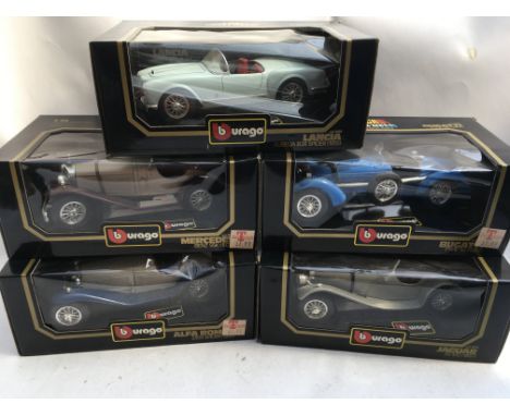 Burago, 1:18 scale Diecast vehicles, boxed, including Lancia, Mercedes, Bugatti, Alfa Romeo and Jaguar, x5