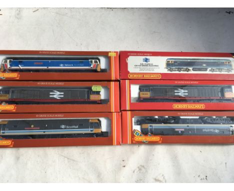 Hornby railways, OO scale, locomotives x6, boxed, including #R887 class 47 locomotive Scot rail Duke of Edinburgh, #R250 BR c