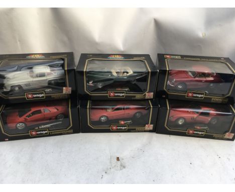 Burago, 1:18 scale Diecast vehicles boxed, including Mercedes, Jaguar, Porsche, Lamborghini, Ferrari, x6