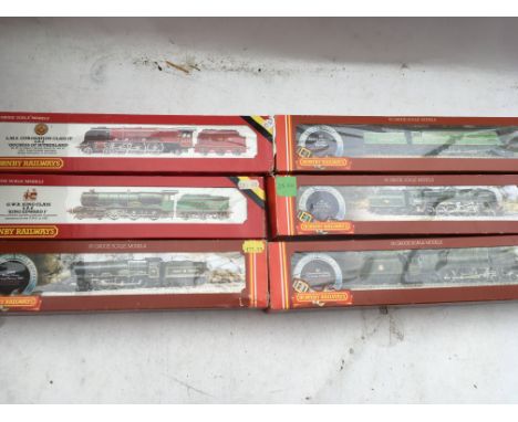 Hornby railways, OO scale, locomotives x6, boxed, including #R374 SR Battle of Britain locomotive Spitfire, #R303 BR class 9F