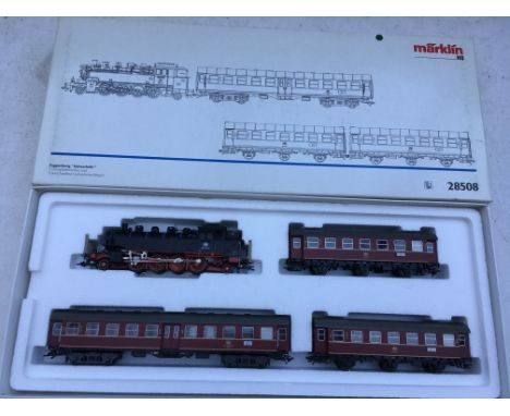 Marklin HO scale, #28508 Commuter service steam locomotive and 3 different commuter cars, MIB