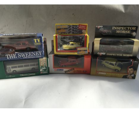 A collection of boxed Corgi TV related Diecast vehicles including The Sweeney, Only fools and horses, Inspector Morse, Mr Bea