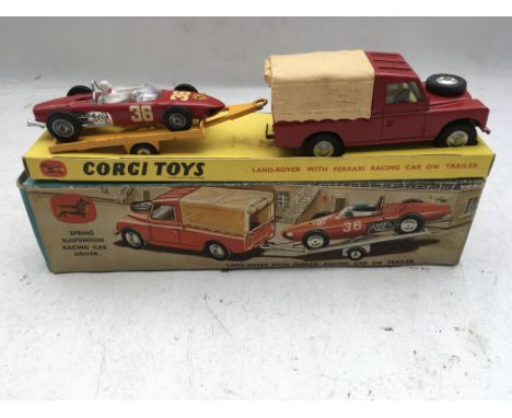 Corgi toys, boxed Diecast vehicles, gift set No 17, Land Rover with Ferrari racing car on trailer.