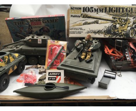 Action man collection including Tanks, Armoured vehicle, Figure, clothing, parts to tower, Kayak, Bazooka gun and board game 