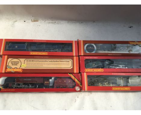 Hornby railways, OO scale, 6x locomotives, boxed including #R264 BR class 9F 2-10-0 locomotive, #R154 SR locomotive Sir Dinad