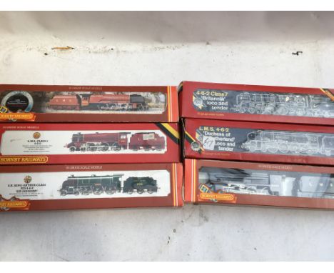Hornby railways, OO scale, locomotives x6, boxed including #R063 BR 4-6-2 class 7 Britannia locomotive and tender, #R066 LMS 