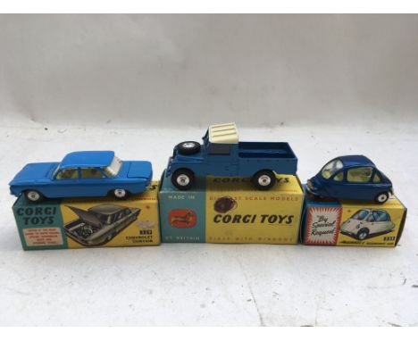 Corgi toys, Original boxed Diecast vehicles including #233 Heinkel economy car, #406 Landrover pick up and #229 Chevrolet Cor