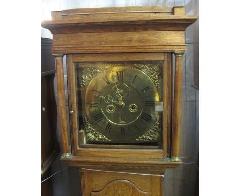 18TH CENTURY OAK CASED EIGHT DAY TWO TRAIN LONGCASE CLOCK the face marked James Manning of Wellingboro. The case with flat ho