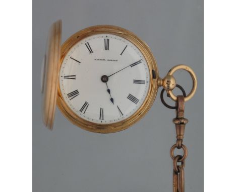 SMALL 18CT GOLD KEYWIND LEVER HUNTER FOB WATCH the Roman enamel face marked Gabriel, London. Initials engraved to the back, t