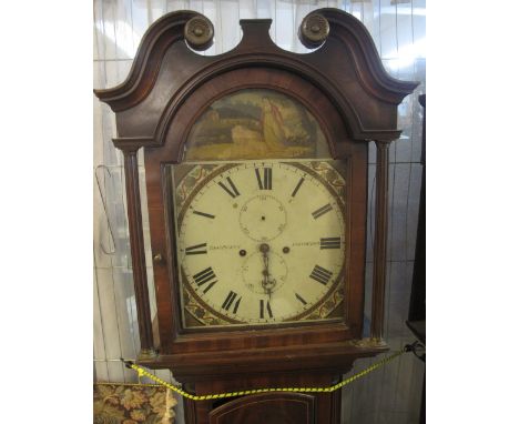 19TH CENTURY SCOTTISH MAHOGANY TWO TRAIN LONGCASE CLOCK, the face marked Thomas Picken of Edinburgh, the case with broken swa