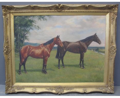 HARRIS (British 20th Century), study of two hunters, dark and light bays in a landscape with river, signed, oils on canvas. 8
