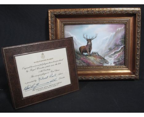 ROYAL WORCESTER PORCELAIN HAND PAINTED PLAQUE depicting a stag in a winter landscape, signed by Michael Powell. Printed marks