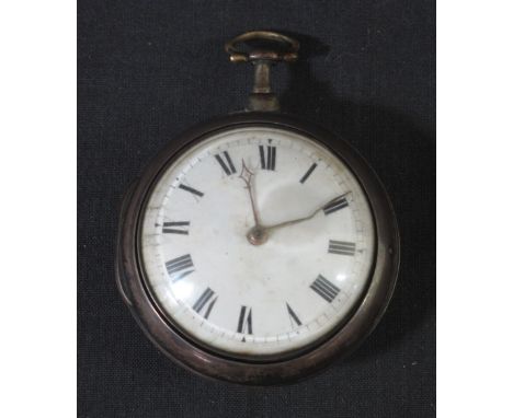 SILVER PAIR CASED POCKET WATCH with enamel face having Roman numerals, fusee movement with foliate pierced balance cock, mark