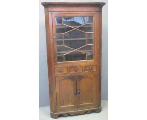 19TH CENTURY WELSH OAK CORNER CABINET having moulded cornice above single door astragal glazed panel, the interior revealing 