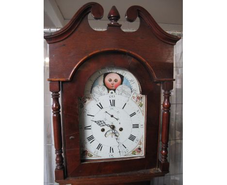 19TH CENTURY OAK AND MAHOGANY EIGHT DAY LONGCASE CLOCK, the face un-named, the hood with broken swan neck pediment above arch