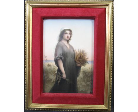 19TH/EARLY 20TH CENTURY GERMAN PORCELAIN PORTRAIT PLAQUE of a young woman holding sheaves of corn, signed, impressed no. 908 
