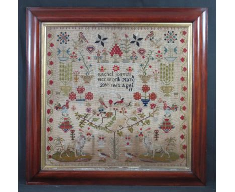 MID 19TH CENTURY CHILD'S NEEDLEWORK TAPESTRY SAMPLER of large proportions incorporating many traditional motifs, together wit