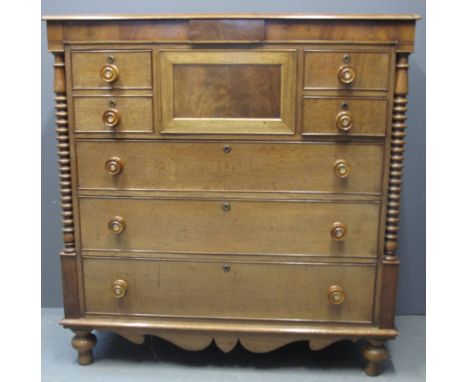 VICTORIAN OAK STRAIGHT FRONT 'SCOTCH' CHEST OF DRAWERS having moulded top above mahogany hat box and an arrangement of four s