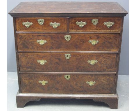 18TH CENTURY BURR WALNUT STRAIGHT FRONTED CHEST of two short and three long graduated drawers, all with feather banding, unde