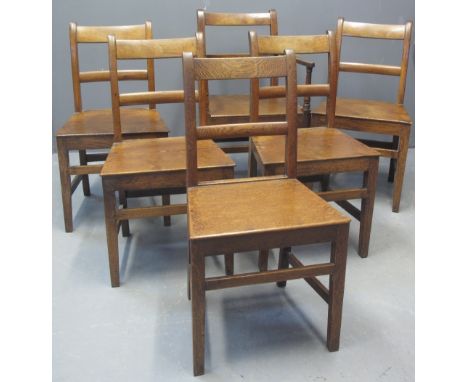 SET OF FIVE EARLY 19TH CENTURY OAK BAR BACK FARMHOUSE KITCHEN CHAIRS, together with a similar oak bobbin and rail back open a