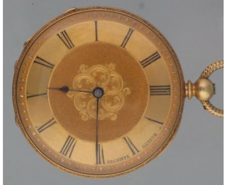 19TH CENTURY FRENCH 18CT SLIM KEYWIND FANCY FOB WATCH with engine turned Roman face and 'C' scroll engraved back. 35mm diamet