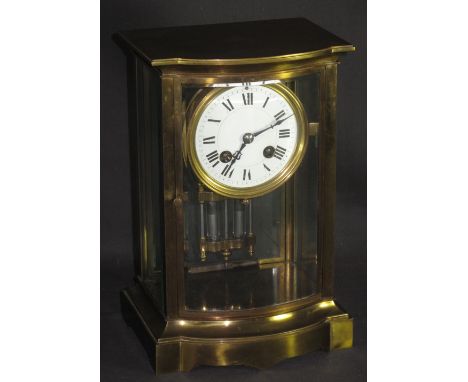 19TH CENTURY FRENCH BRASS FOUR GLASS MANTEL CLOCK having Roman enamel face, two train movement, striking on one gong and merc