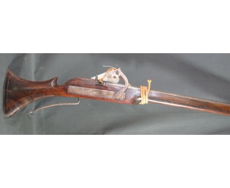 A REPRODUCTION OF A CIVIL WAR PERIOD MATCHLOCK MUZZLE LOADING MUSKET having canon mouth barrel 115cm long with blade foresigh