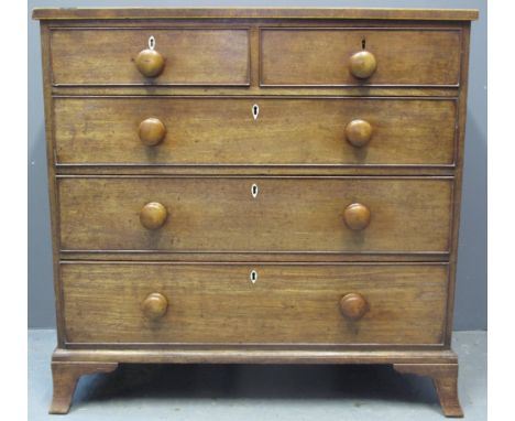 19TH CENTURY MAHOGANY STRAIGHT FRONT CHEST of two short and three long drawers, the top with cross banding decoration, cock b