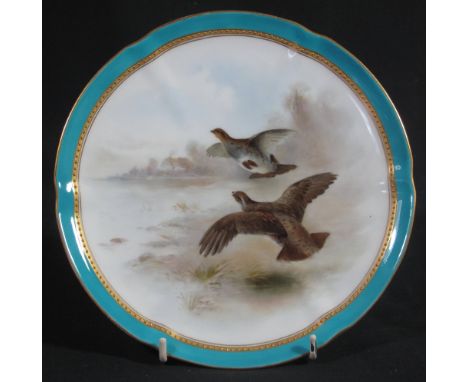 ROYAL CHINA WORKS WORCESTER PORCELAIN CABINET PLATE overall with turquoise and gilded border, hand painted with English partr