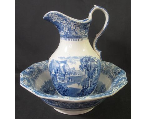19TH CENTURY SWANSEA POTTERY MILAN PATTERN BLUE AND WHITE TRANSFER PRINTED JUG AND BASIN SET, baluster shaped loop handled ju