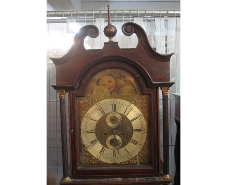 GOOD QUALITY EDWARDIAN EIGHT DAY TWO TRAIN MAHOGANY LONGCASE CLOCK having hood with ball and spike finial and broken arch ped