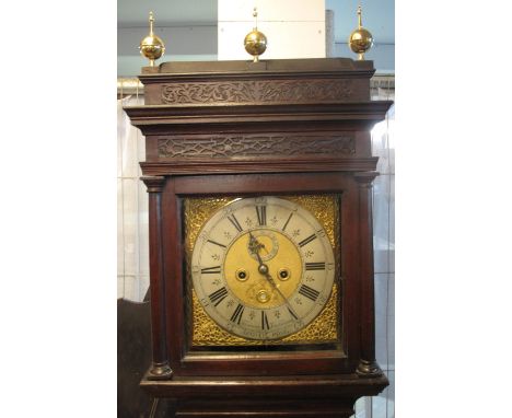 GOOD 18TH CENTURY OAK TWO TRAIN EIGHT DAY LONGCASE CLOCK, the face marked Thomas Jenkinson, Sandwich, having strap work decor