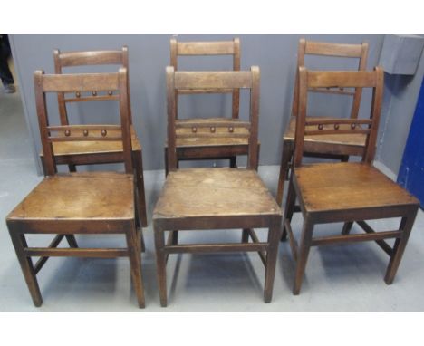 SET OF 19TH CENTURY OAK BOBBIN AND RAIL BACK FARMHOUSE KITCHEN CHAIRS on moulded seat, standing on square tapering legs and s