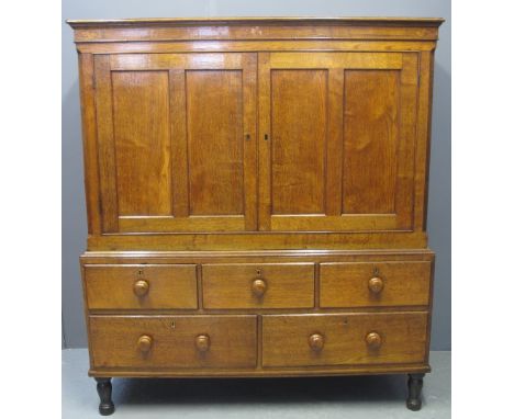 19TH CENTURY WELSH OAK LOW PRESS CUPBOARD having moulded cornice with parquetry inlay and shell motif inlay, above two blind 