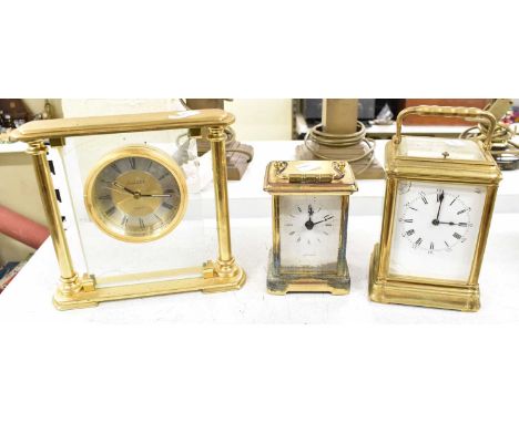 Two brass carriage clocks, the first with repeater movement by Hands and another by Estyma, plus a London Clock quartz brass 