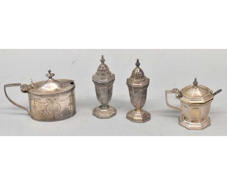 MARPLES &amp; CO; a hallmarked silver three piece cruet, Chester 1907, a Birmingham hallmarked mustard pot of oval form, and 