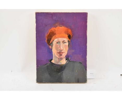 X PAUL RICHARDS (born 1949); oil on canvas, portrait of a lady wearing an orange hat, 33 x 24cm, unframed
