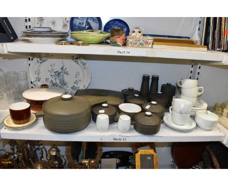 DENBY; a stoneware part dinner service in sage green including casserole dishes, soup bowls and cruet, six Poole Pottery soup