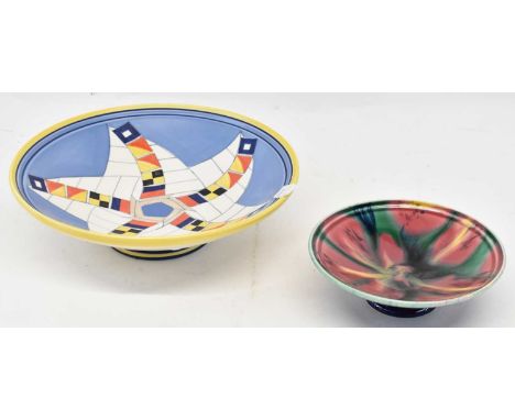 POOLE STUDIO; an Art Deco style hand painted comport, signed and dated 20/10/97 to base, diameter 27cm, also a smaller compor