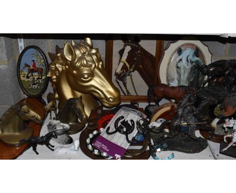 A large collection of horse ornaments including Shire horses, Leonardo Collection racing horse, a gold horse's head, embroide
