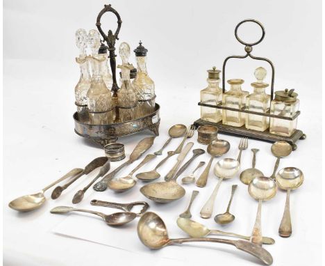 A quantity of silver plated and hallmarked silver teaspoons, serving spoons, tongs, napkin rings, etc, also two silver plated