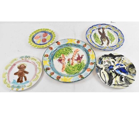 X PAUL RICHARDS (born 1949); a hand painted plate, signed and inscribed to 'Ruby' and dated 1999 verso, diameter 37cm, anothe