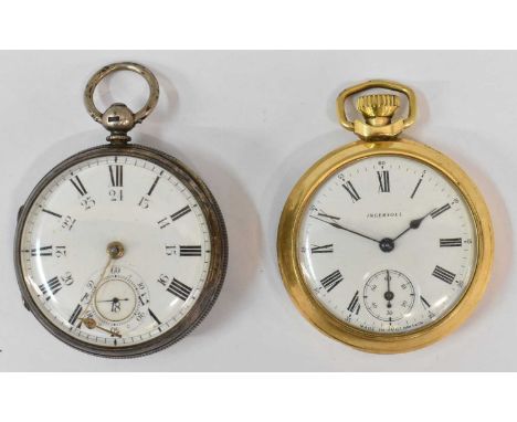 A Victorian hallmarked silver open face pocket watch with white enamel dial, Chester 1882, and an gold plated Ingersoll pocke